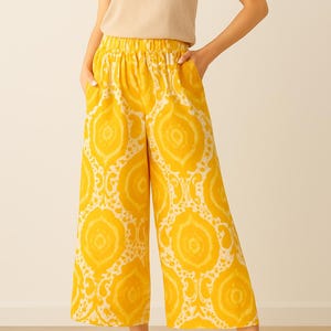 Hand-Painted Linen Bloomers: Yellow Print Skirt Pants