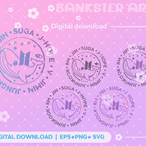 Op de afbeelding: Een digitaal download grafisch ontwerp met een walvisillustratie in een cirkelvormig frame. Het ontwerp bevat tekst zoals "Jimin", "Jungkook" en "Suga" op een roze achtergrond. De woorden "Digitale download" zijn ook aanwezig.