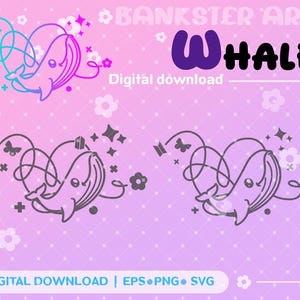 Op de afbeelding: Digitale download graphic met een walvisontwerp in een hartvorm, met vlinders en sterren. Het woord "Whale" is in paars en zwart. De achtergrond is een verloop van roze en paars met bloemen- en ruitpatronen.