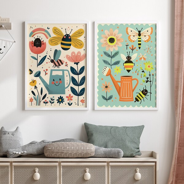 Kids Garden Bee Butterfly Art Set | Original Art Prints | Nursery Decor | Childrens Room Style | Digital Poster Prints | Unisex Kids Art