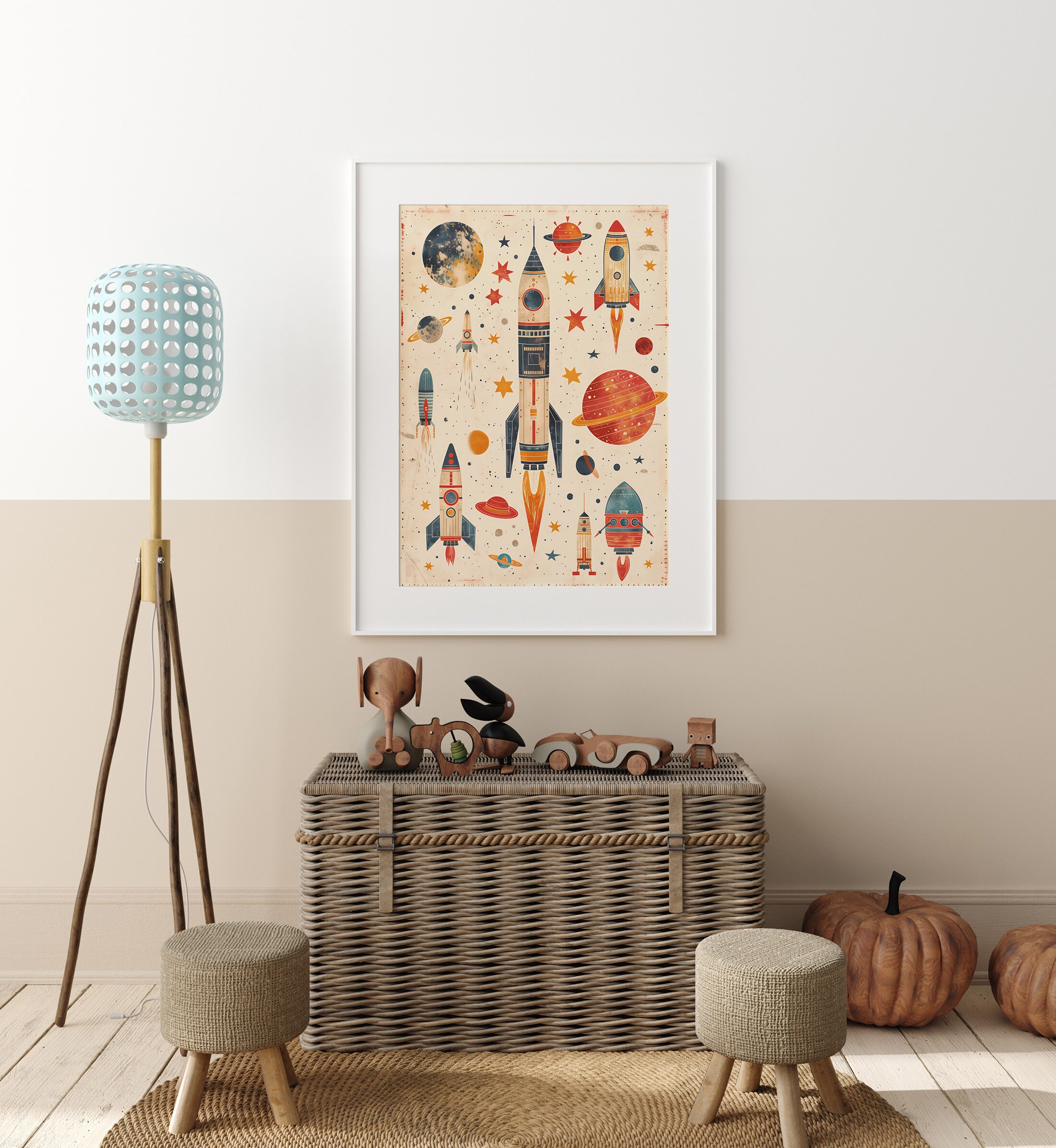 Rockets in Space Original Art Print Nursery Decor Boys Room Decor ...