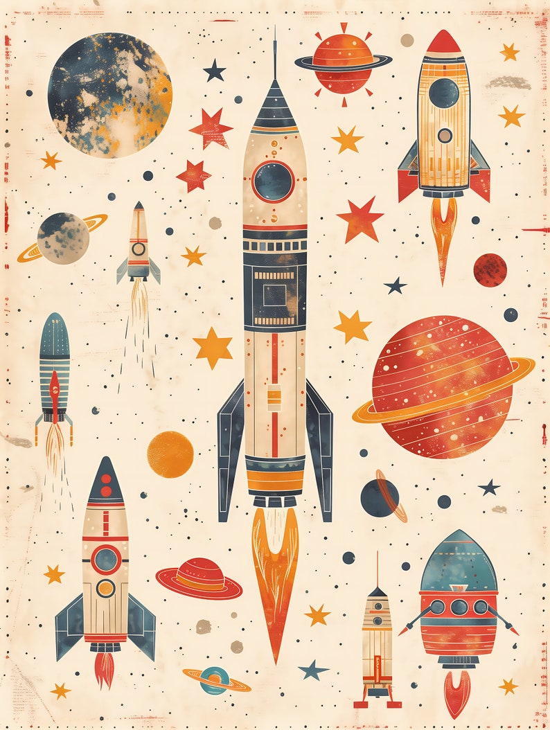 Rockets in Space Original Art Print Nursery Decor Boys Room Decor ...