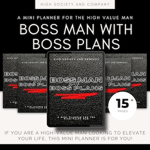 May include: A black and red planner with the text "Boss Man with Boss Plans" and "15+ Pages". The planner has a leather-like texture and a red line across the front.