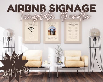 May include: A set of three printable Airbnb signage templates. The templates are in a minimalist style with a beige background and black text. The templates include information about Wi-Fi, a welcome message, and emergency contact information. The text on the templates reads "WI-Fi in on the house", "WELCOME to our home", and "EMERGENCY contact information".