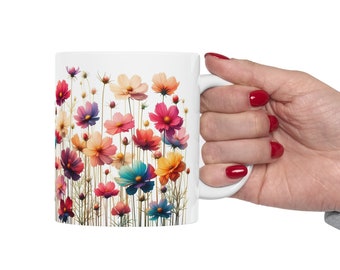 Colorful Wild Flower Stems Ceramic Mug 11oz, Birthday gift, Natural flower, Everyday mug
