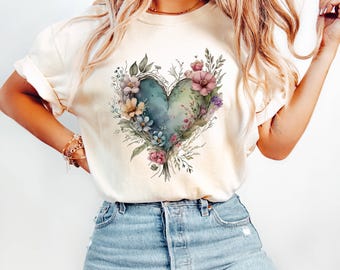 Camiseta con estampado floral de corazón, camiseta botánica de acuarela, top unisex con temática natural