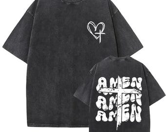 Camiseta cristiana Amén con estampado de cruz y fe en la espalda