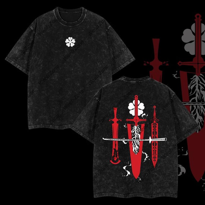 May include: Black t-shirt with a white clover on the front and a design of four swords with a red clover on the back.