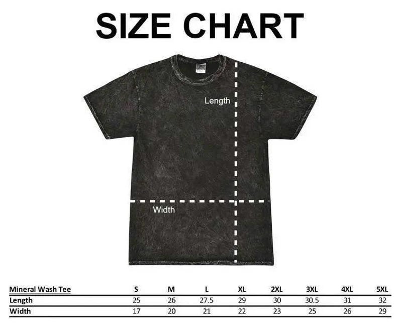 May include: A black mineral wash t-shirt displayed with a size chart. The chart includes the text SIZE CHART, Length, and Width, with dashed white lines indicating measurement points. A table lists sizes S through 5XL with length and width in inches.