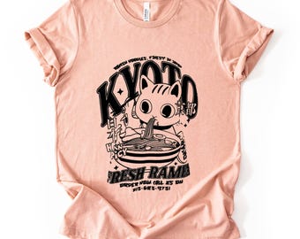 Camiseta Kyoto Ramen Cat, Camiseta con estampado de comida japonesa, Camiseta estilo anime vintage