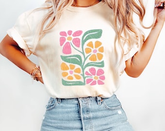 Retro Floral Shirt, Hand Drawn Groovy Flower Graphic Tee