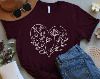 Floral Heart Graphic Tee, Minimalist Flower Shirt, Romantic Boho Style Top
