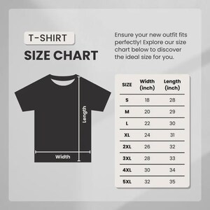 May include: A black t-shirt size chart with measurements in inches. The chart includes sizes S to 5XL, with corresponding width and length measurements. Text on the chart reads "T-SHIRT SIZE CHART".