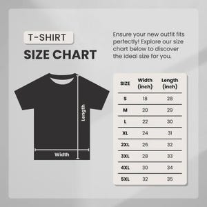 May include: A black t-shirt size chart with measurements in inches. The chart includes sizes S to 5XL, with corresponding width and length measurements. Text on the image reads "T-SHIRT SIZE CHART".