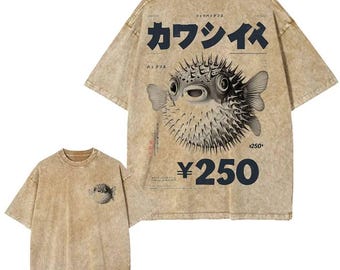 Pufferfish Graphic Tee Japanese Style Vintage Washed Oversized T-Shirt