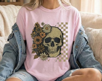 Camiseta Boho con Calavera Floral, Camiseta Gótica Retro a Cuadros, Camiseta Vintage con Gráfico de Halloween