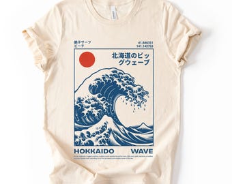 Camiseta unisex con estampado de olas de Hokkaido, arte japonés, estilo vintage y océano.