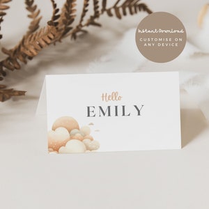 Tarjeta editable de lugar de oso, etiquetas de comida de tarjeta de tienda, baby shower boho, baby shower de descarga digital, tarjeta de mesa con nombre, tarjeta de nombre plana