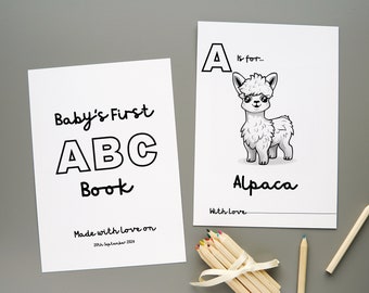 印刷可能な ABC ぬり絵、ベビーシャワーのアクティビティ、即時ダウンロード、赤ちゃんの最初のアルファベット、記念品