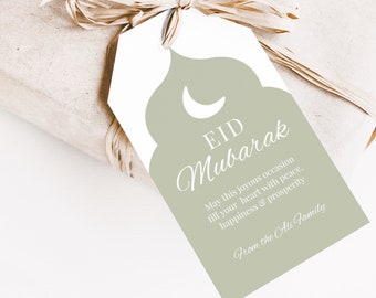 編集可能なセージグリーンのイード・ムバラク・ギフトタグ、ミニマリストデザイン（すぐにダウンロード可能）