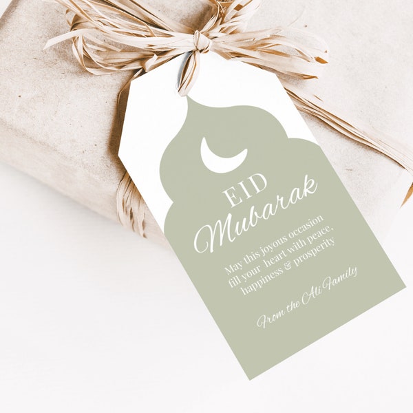 Étiquette-cadeau modifiable pour l'Aïd, modèle à téléchargement immédiat, Eid Mubarak, fête de l'Iftar, vert sauge, étiquette cadeau imprimable, minimalisme