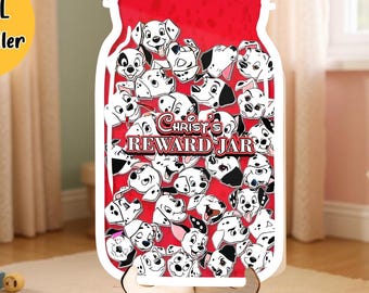 May include: A wooden jar-shaped sign featuring a red background and a collection of Dalmatian dog faces. The sign reads "Christ's Reward Jar" in white text. The sign is supported by a wooden stand. A yellow circle with the text "SIZE L Best Seller" is in the upper left.
