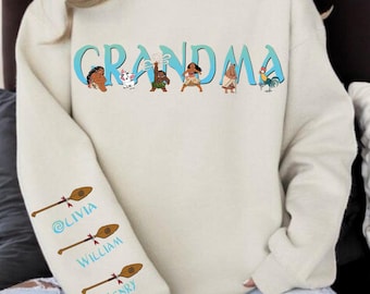 Sweatshirt personnalisé film Disney Moana 2, grand-mère avec nom d'enfant sur la manche, sweat-shirt film Moana 2 personnages, cadeau fête des mères personnalisé
