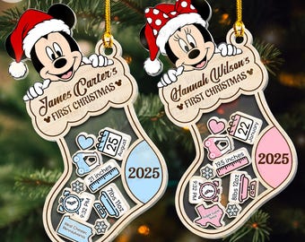 Custom Name Baby First Christmas Shaker Ornaments 2025, Personalized 1st Baby Stats Ornament, Disney Mickey Minnie Donald Daisy Newborn Gift
