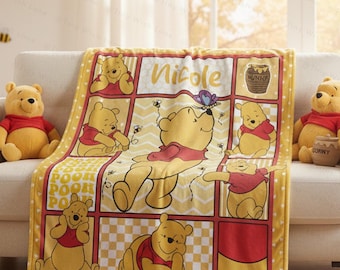 Personalized Winnie The Pooh Baby Blanket, Custom Name Pooh Bear And Friends Blanket, Cute Pooh Gift for Kids, Baby Shower Blanket Gift