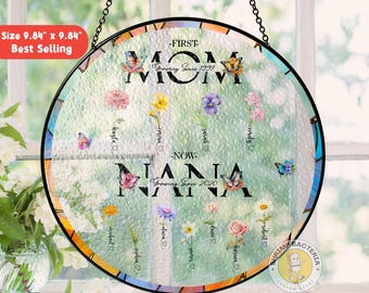 Personalized First Mom Now Grandma's Garden Birth Month Flowers Stain Glass Suncatcher, Custom Mother Day Gift for Nana Mimi From Grandkids