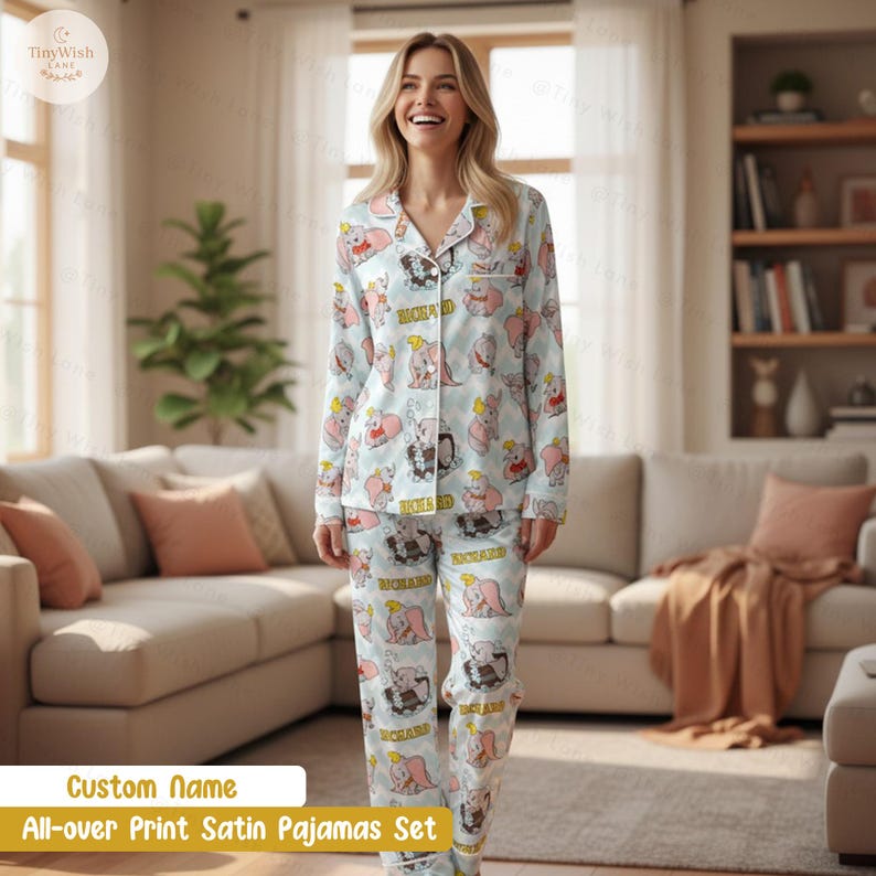 Custom Name All Over Print PJ Set, Dumbo Elephant Sleepwear Set, Personalized Dumbo Jumpo Satin Pajamas, Kids Birthday Gift, Toddler & Girls image 9