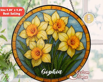 Atrapasueños de vitral con flores personalizado para el mes de nacimiento, arte de vidrio con flores para el mes de nacimiento, regalo para el Día de la Madre, regalos de cumpleaños, regalo para mamá para niños