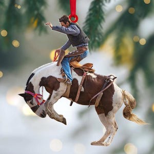 Personalized Rodeo Cowgirl or Cowboy Rider Hat and Boots on Horse, Christmas Ornament Gift, Xmas Gift For Kids, Cowboy Christmas Tree Decor