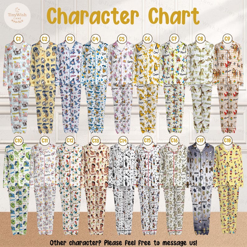 Puede incluir: Un cuadro de personajes con varios conjuntos de pijamas con diferentes estampados. Los pijamas son de estilo abotonado, con mangas largas y pantalones. Los estampados incluyen personajes de dibujos animados y otros dise&ntilde;os. El texto "Character Chart" se muestra en la parte superior.