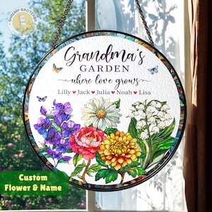 Gepersonaliseerde oma&#39;s tuin geboortemaand bloemen Stain Glass Suncatcher, aangepaste naam Moederdag verjaardagscadeau voor Nana Mimi van kleinkinderen