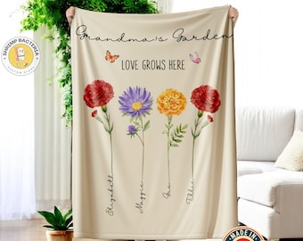 Customized Vintage Grandma's Garden Blanket, Birth Month Flowers With Grandkids Family Names Gift,Mother's Day Gift For Granny Nana Gigi Mom