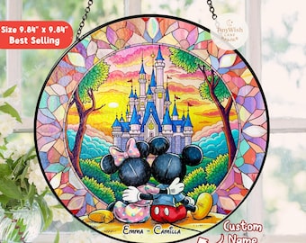 Spersonalizowany łapacz słońca z witrażem Myszki Miki, spersonalizowany łapacz słońca z imieniem pary Disney, prezent rocznicowy dla męża i żony, Myszki Miki i Minnie