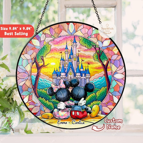 Personalized Mickey Mouse Stained Glass Suncatcher, Custom Couple