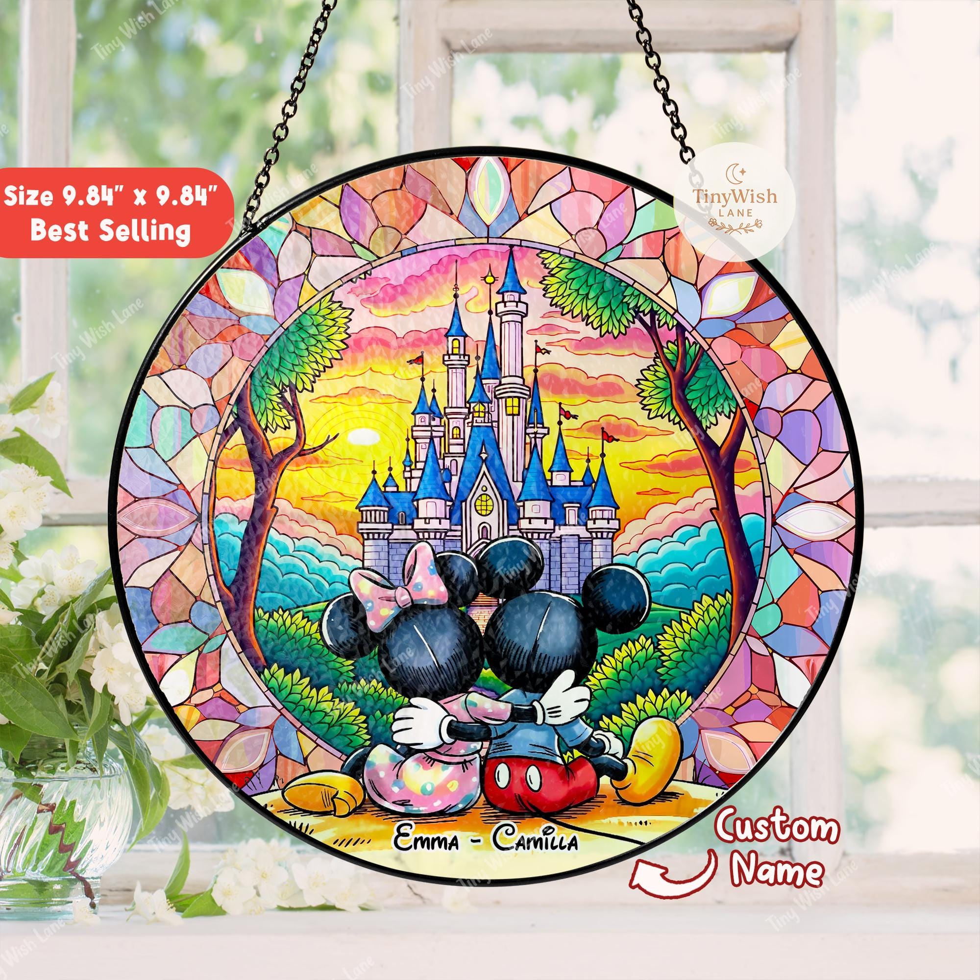 Personalized Mickey Mouse Stained Glass Suncatcher, Custom Couple