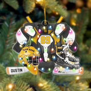 Personalized Hockey Christmas Ornament, Hockey Player Ornament, Hockey Ornaments, Gift for Hockey Lovers, Hockey Skates Helmet and Stick