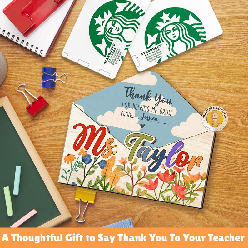 May include: A colorful thank you card for a teacher with a floral design and the text "Thank You for Helping Me Grow from... Jessica Ms. Taylor".