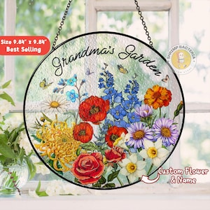 Custom Grandma&#39;s Garden Stained Glass Suncatcher, Custom Birth Month Flower Gift, Suncatcher Gift For Grandma, Mother&#39;s Day Gift For Grandma