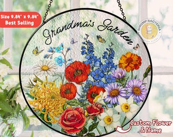 Custom Grandma's Garden Stained Glass Suncatcher, Custom Birth Month Flower Gift, Suncatcher Gift For Grandma, Mother's Day Gift For Grandma