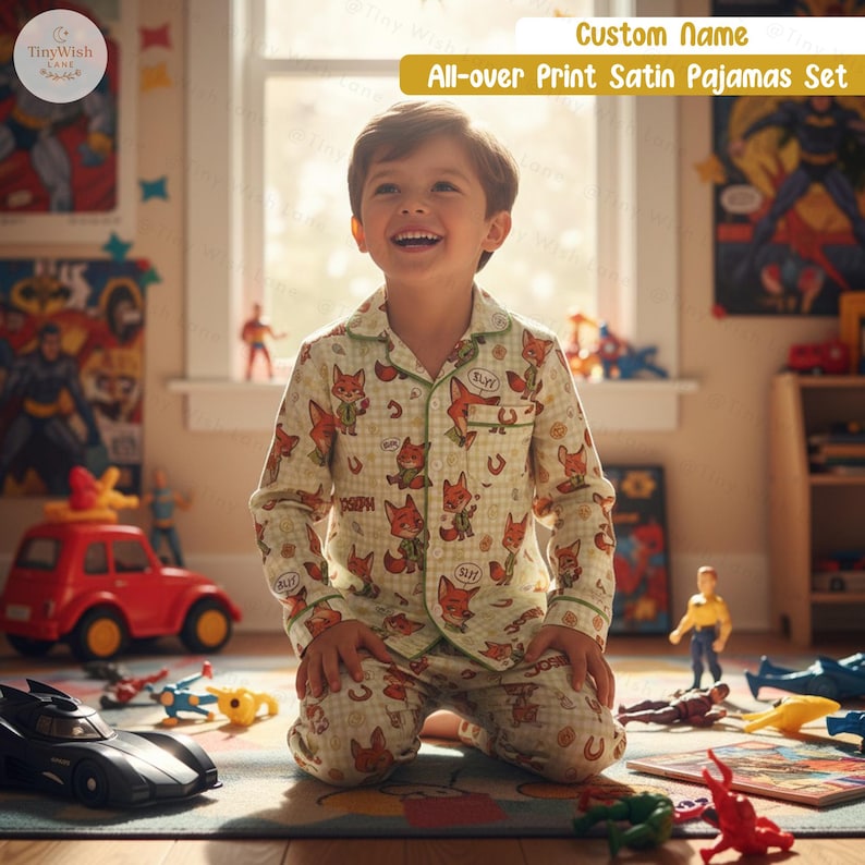 Puede incluir: Un ni&ntilde;o con un conjunto de pijama de sat&eacute;n verde claro con estampado de zorro. El pijama tiene una camisa con botones y pantalones. El texto "Custom Name" y "All-over Print Satin Pajamas Set" son visibles. Hay juguetes esparcidos en el suelo.