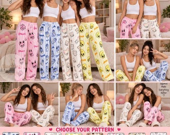 Op de afbeelding: Een collectie loungebroeken met diverse cartoonprints en patronen, gecombineerd met witte cropped tanktops. De broeken zijn verkrijgbaar in meerdere kleuren, waaronder roze, blauw, geel en wit, elk met unieke grafische ontwerpen.