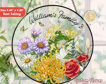 Personalized Grandma's Garden Stain Glass Suncatcher, Custom Family Birth Month Flower Gift, Mother Day Gift For Nana Mimi From Grandkids