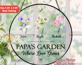 Spersonalizowany łapacz słońca z witrażem PaPa's Garden Birth Month Flowers, spersonalizowany prezent na Dzień Ojca dla taty i dziadka od wnuków