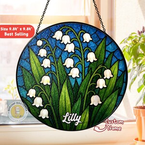 Benutzerdefinierter Name Maiglöckchen Geburtsmonat Blume Glasmalerei Suncatcher, Maiglöckchen Blumen Art Decor, süßes Muttertagsgeschenk für May Mom