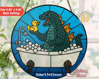 Atrapasueños de dinosaurio para la hora del baño, regalo divertido para papá, decoración de ventana con nombre personalizado, atrapasol de dinosaurio personalizado, regalo de decoración para el hogar, Godzilla teñido