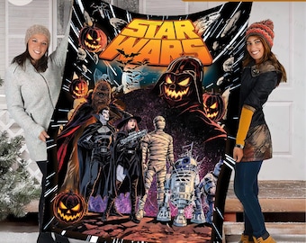 Personalized Star Wars Halloween Blanket, Custom Name Darth Vader Pumpkin Fleece Throw, Spooky Galaxy Character Blanket, Halloween Gift